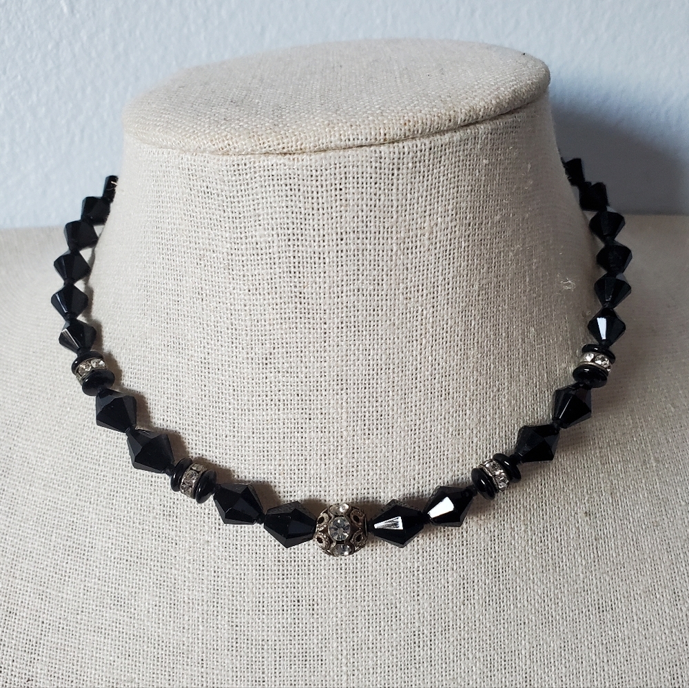 Vintage Austrian Black Glass Crystal Bicone Bead Choker Necklace